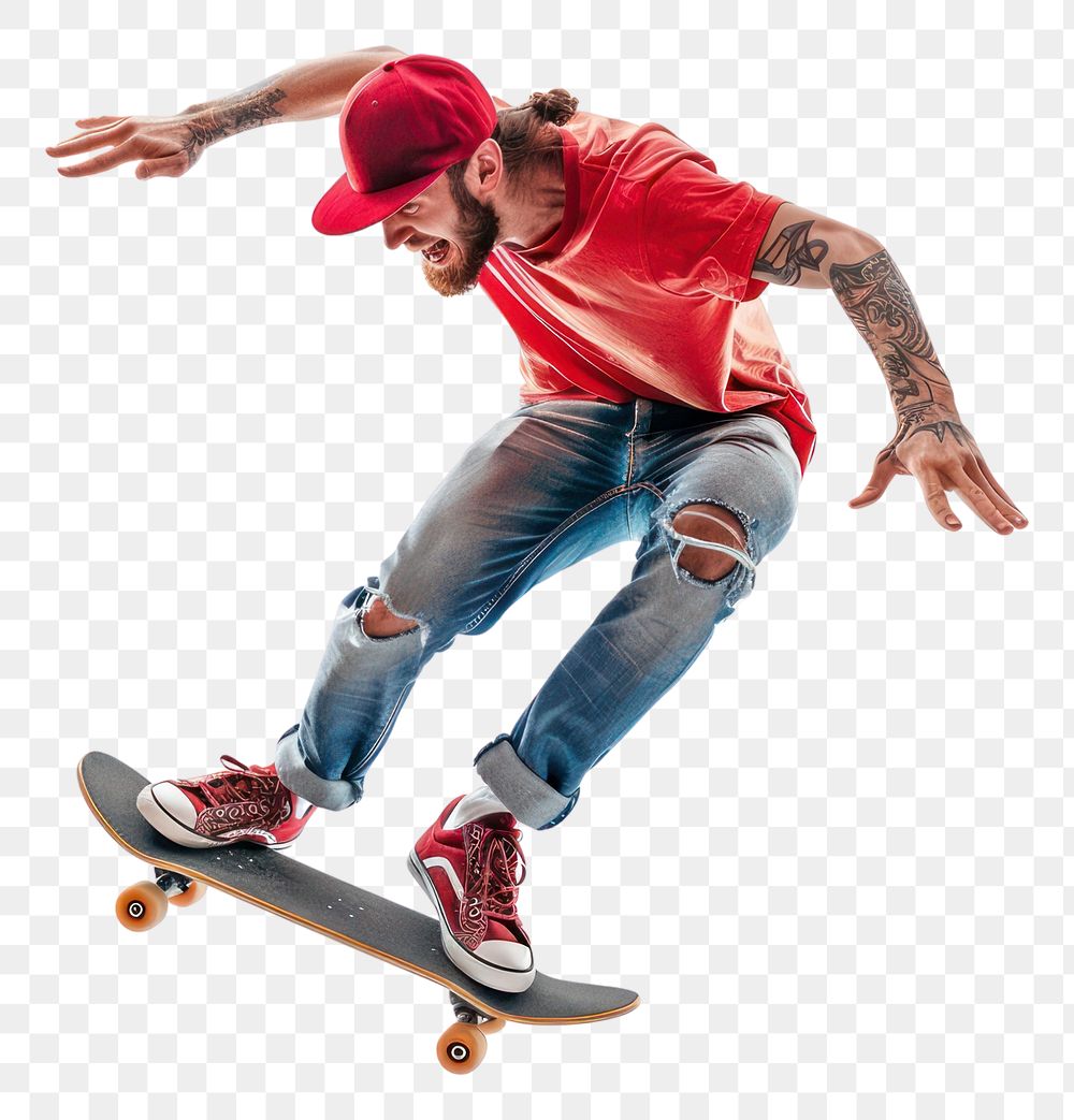 PNG Full body side view amazed happy young european man 20s he wears red hat t-shirt rides pennyboard skateboard white…