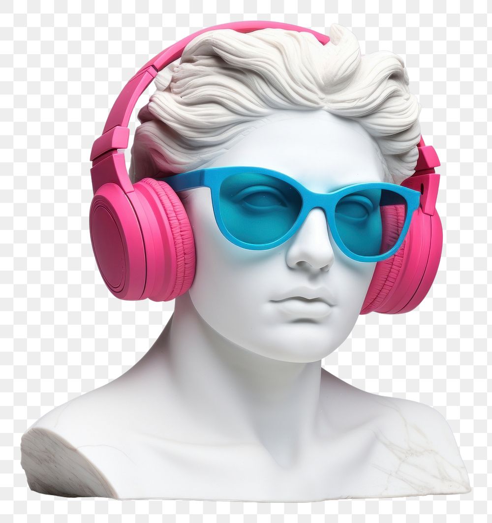 PNG Ancient Woman Statue White Stone Greek wearing colored sunglasses and headphones adult woman electronics