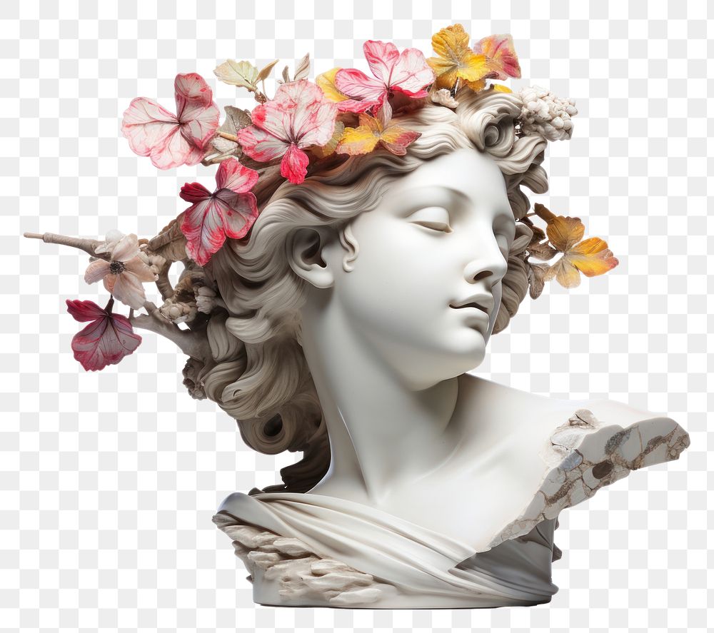 PNG Ancient Woman Statue White Stone Greek sculpture statue flower.