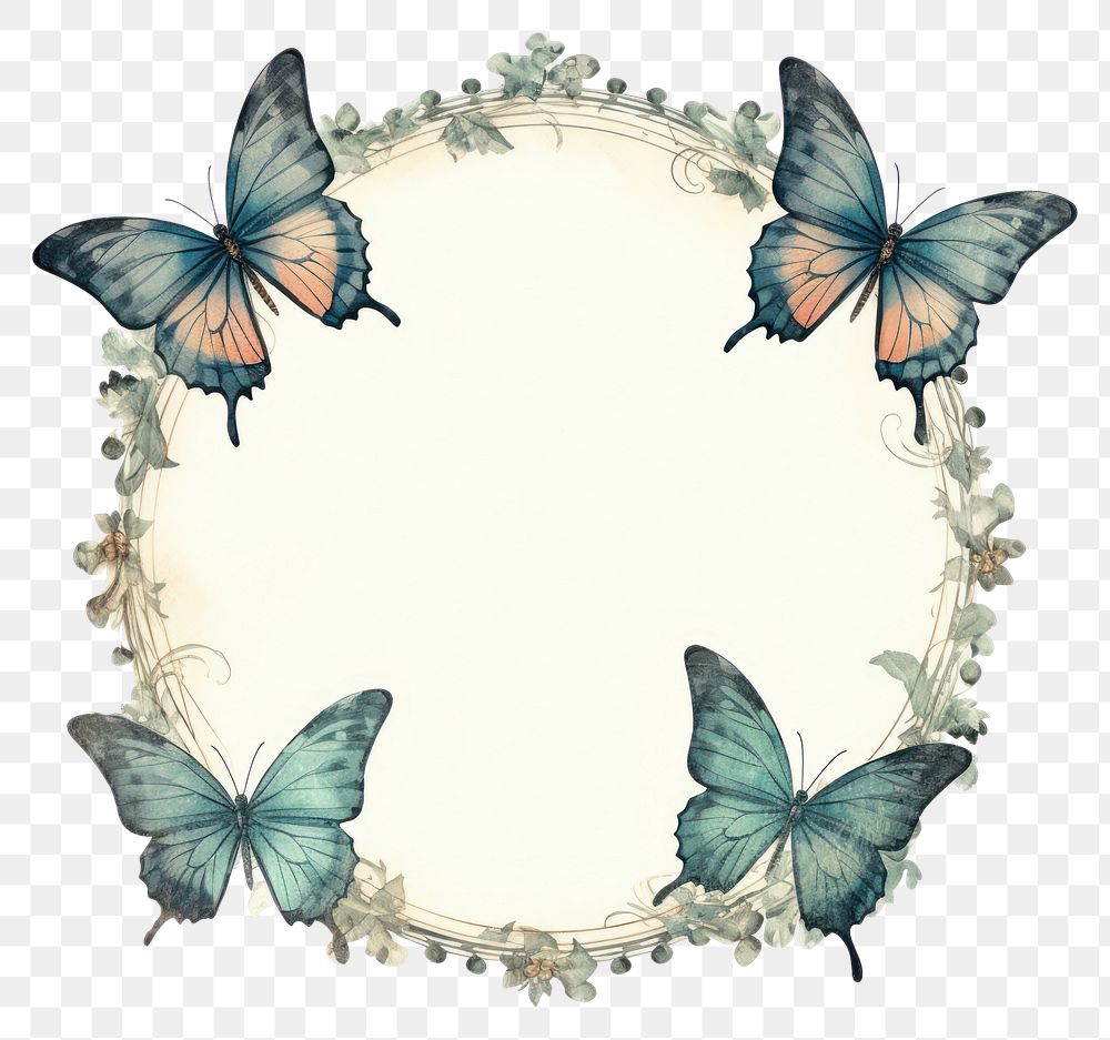 PNG Vintage butterfly circle frame white background invertebrate photography.