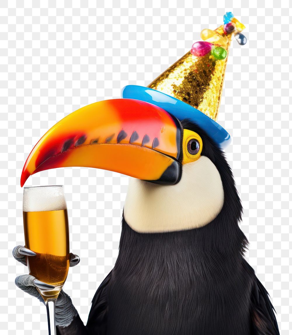 PNG Toucan holding champagne bottle animal bird hat.