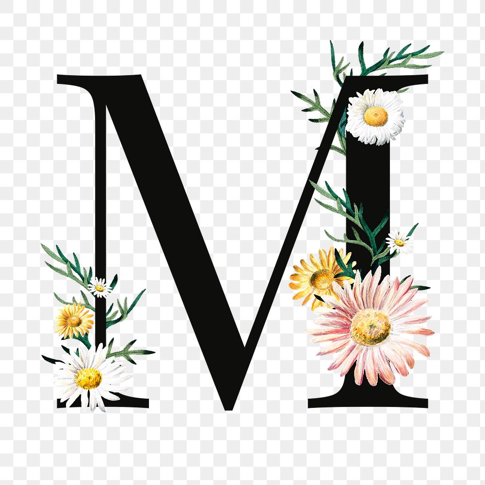 PNG floral letter M digital art illustration, transparent background