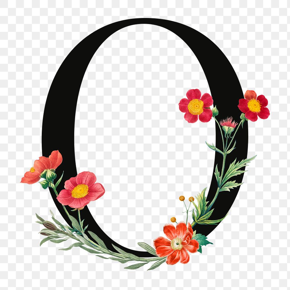 PNG floral letter O digital art illustration, transparent background