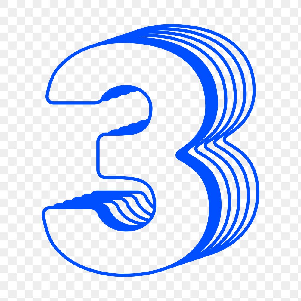 Number three png blue layered design, transparent background