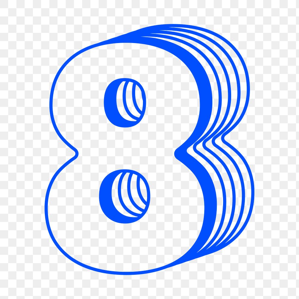 Number eight png blue layered design, transparent background