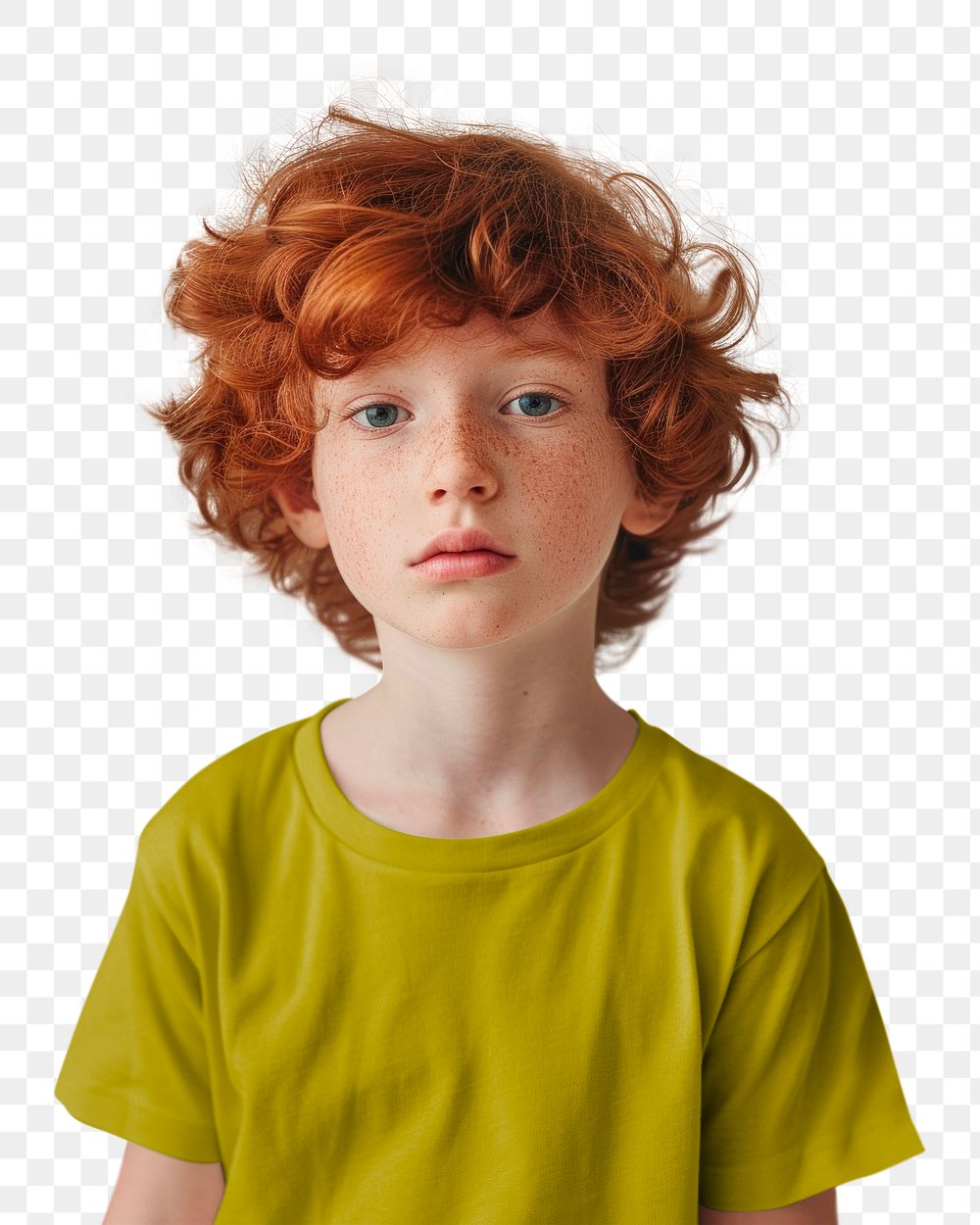PNG Red hair boy in dull yellow t-shirt, transparent background
