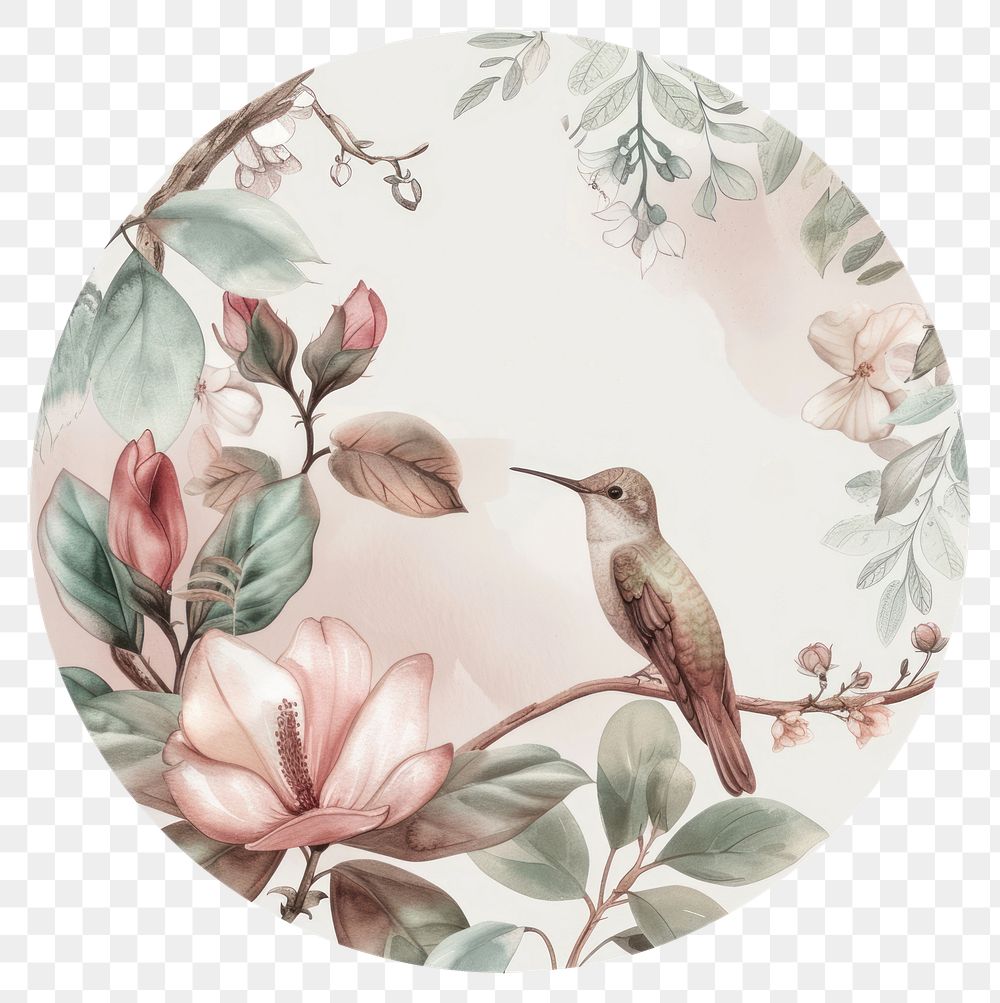 PNG Flower and bird circle border hummingbird porcelain dishware.