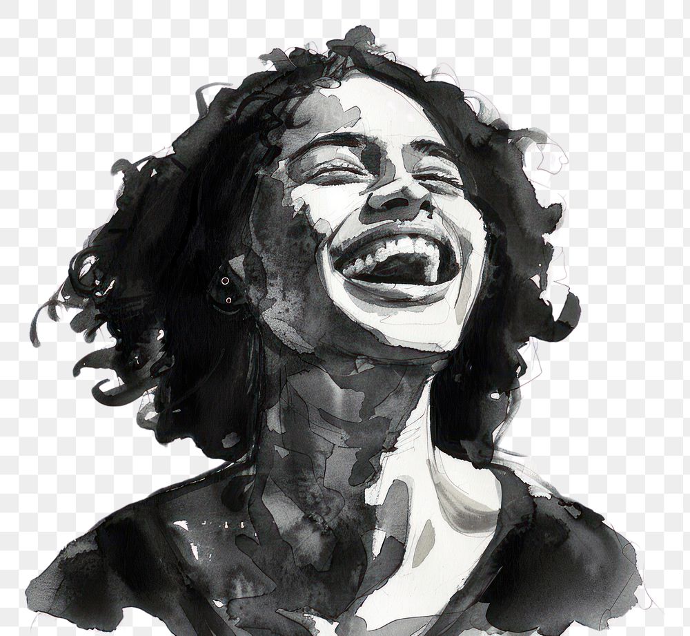 PNG Monochromatic cheerful Moroccan woman laughing portrait painting drawing