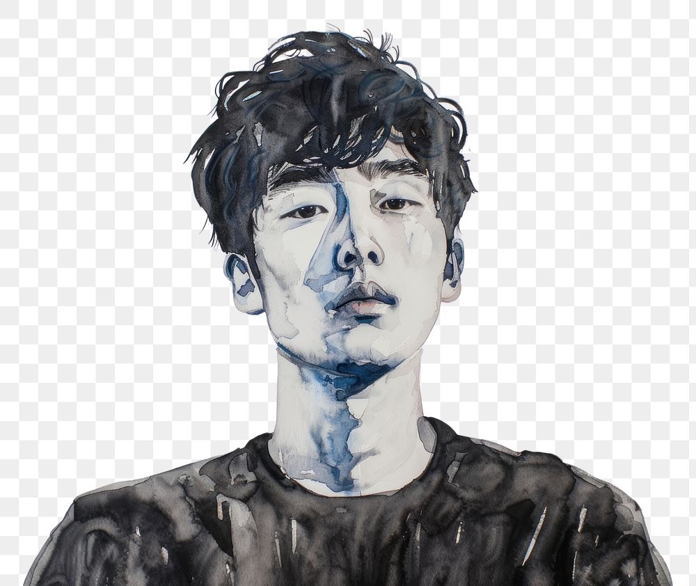 PNG Monochromatic young korean man painting portrait drawing.