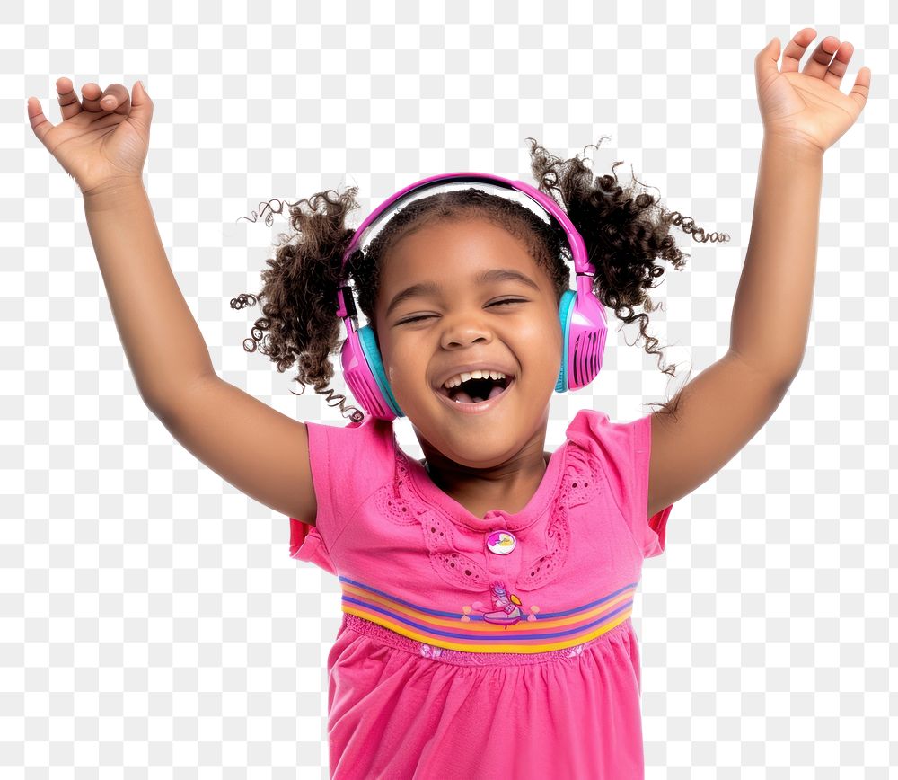 PNG Kid wearing music head phone smiling dancing child.