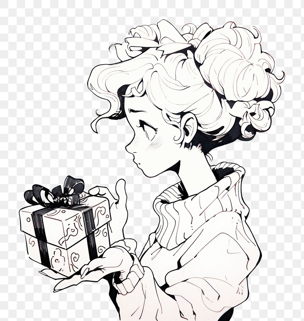 PNG Illustration of a woman holding gift box sketch cartoon drawing.