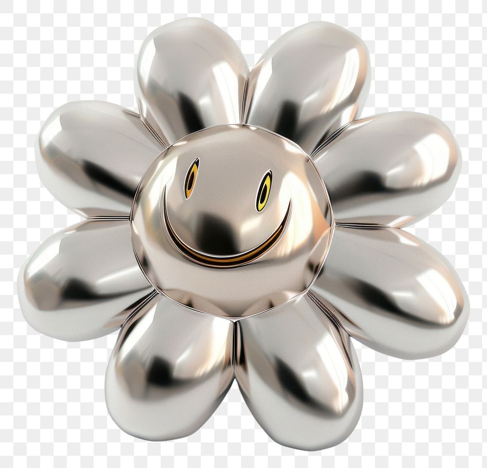 PNG Cute smiling daisy Chrome material jewelry brooch white background.