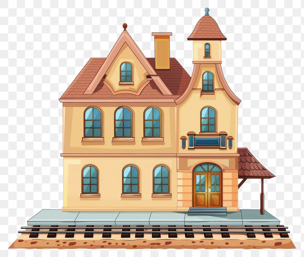 PNG Cartoon of train station architecture building house.