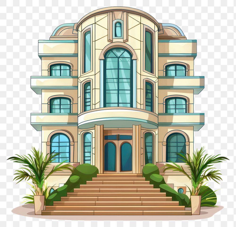 PNG Cartoon of art deco architecture building staircase.