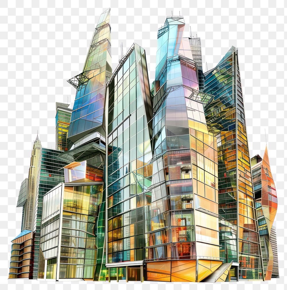 PNG Cartoon of glass buildings architecture cityscape white background.