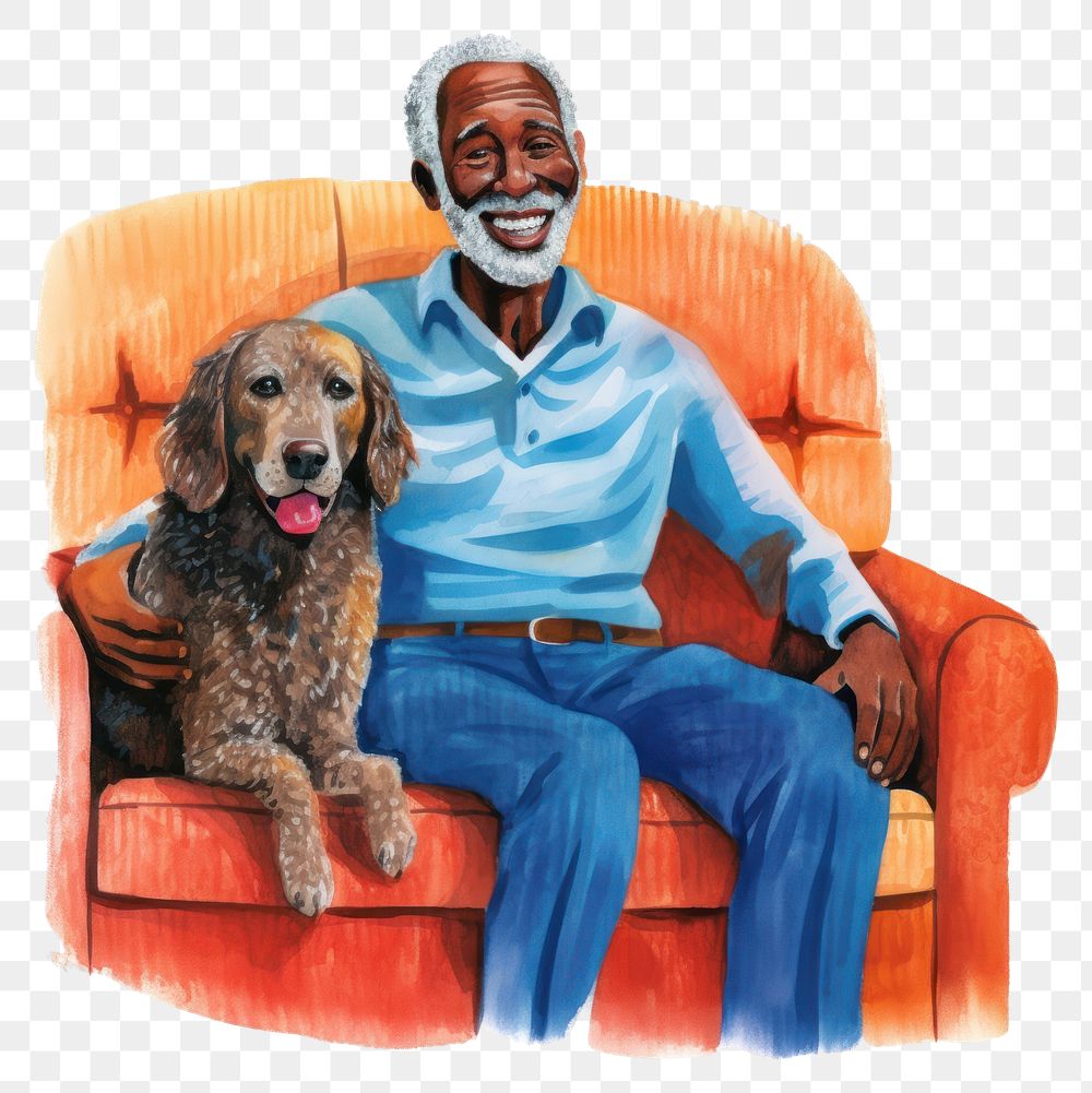PNG Grandpa sitting on a couch dog furniture portrait.