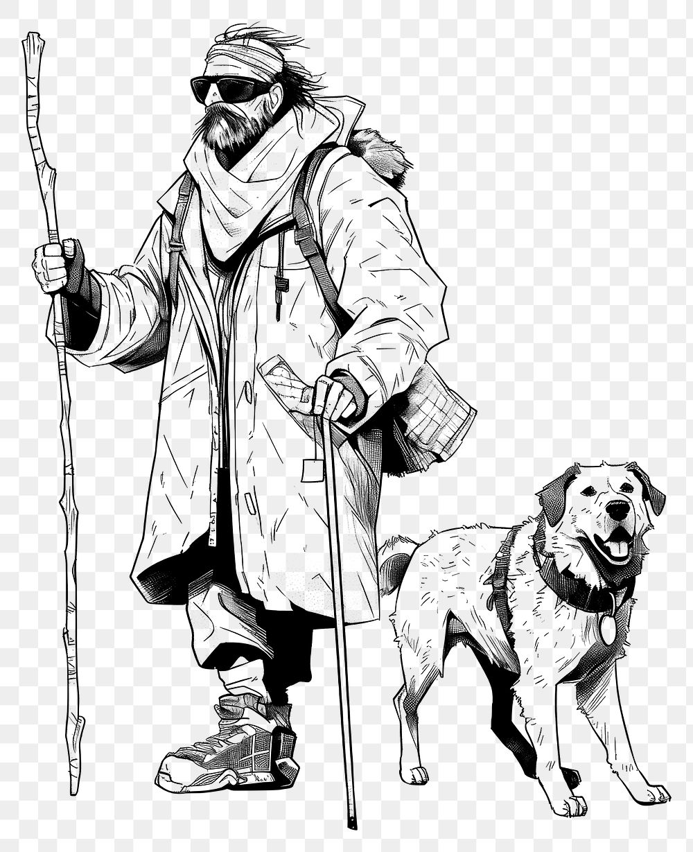 PNG Illustration of a blind man with walking stick and dog sketch drawing cartoon.