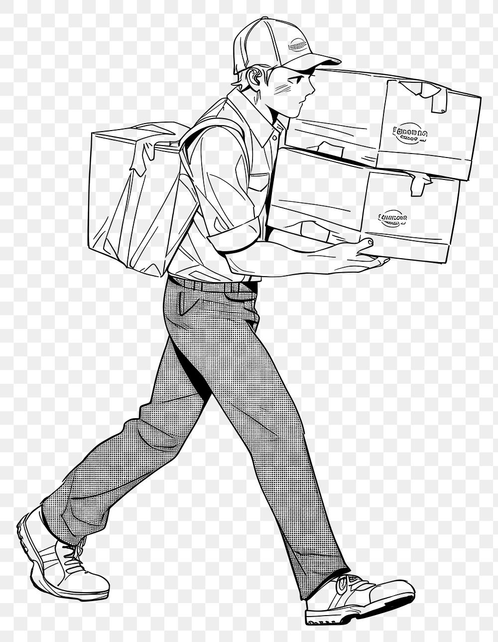 PNG Illustration of a deliveryman sketch cardboard footwear.