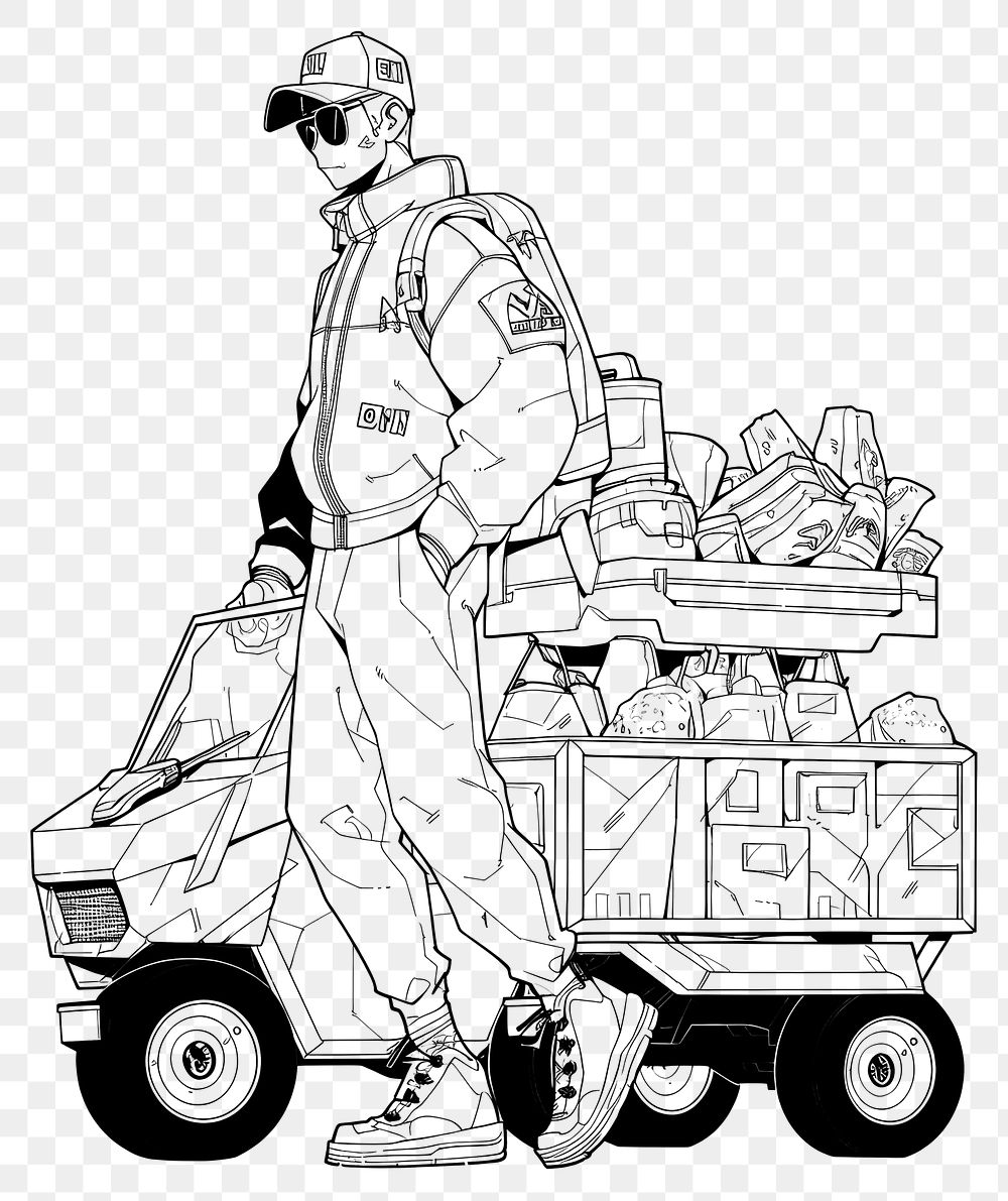 PNG Illustration of a deliveryman sketch cartoon drawing.