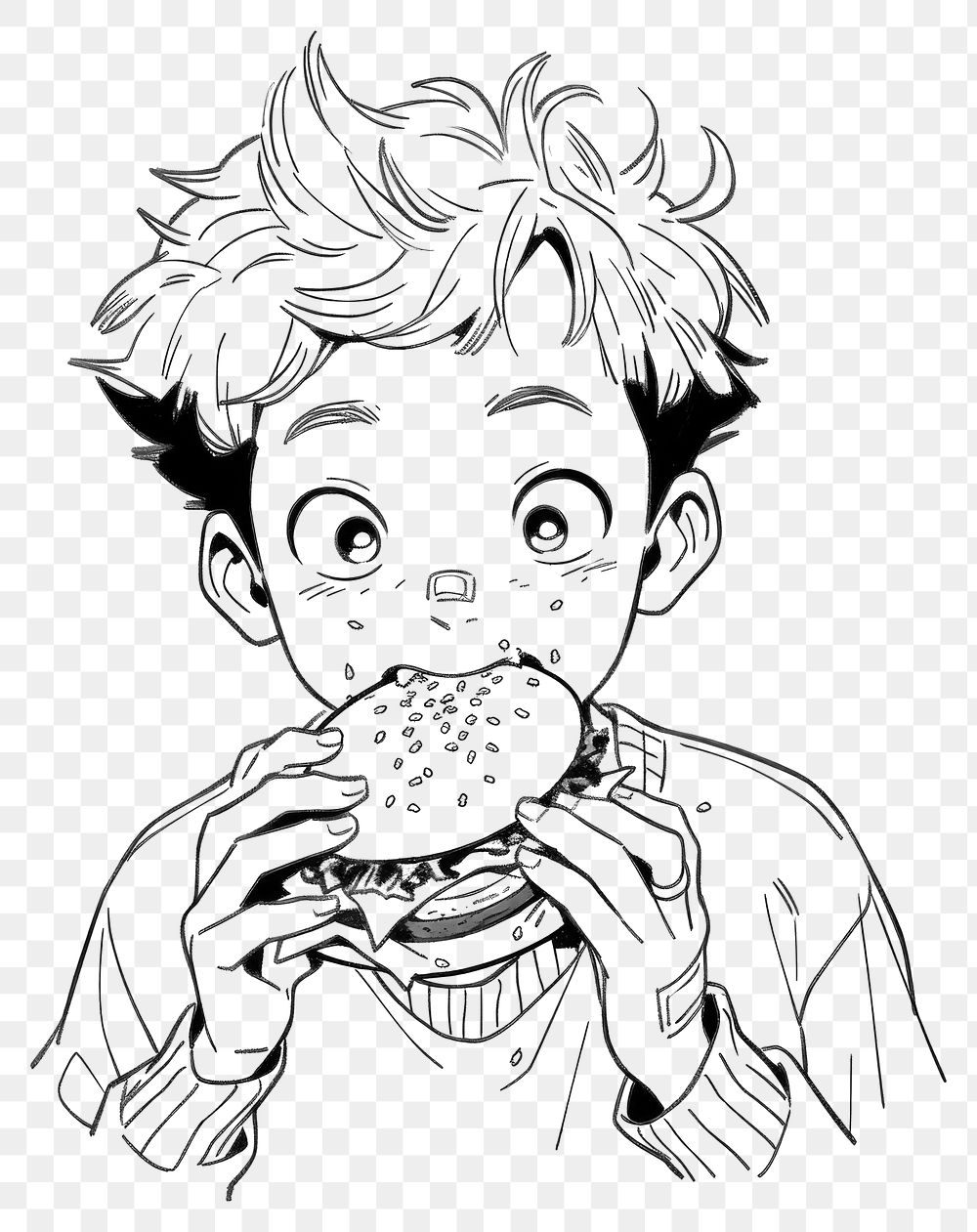 PNG Illustration of a boy eating sandwich sketch drawing cartoon.
