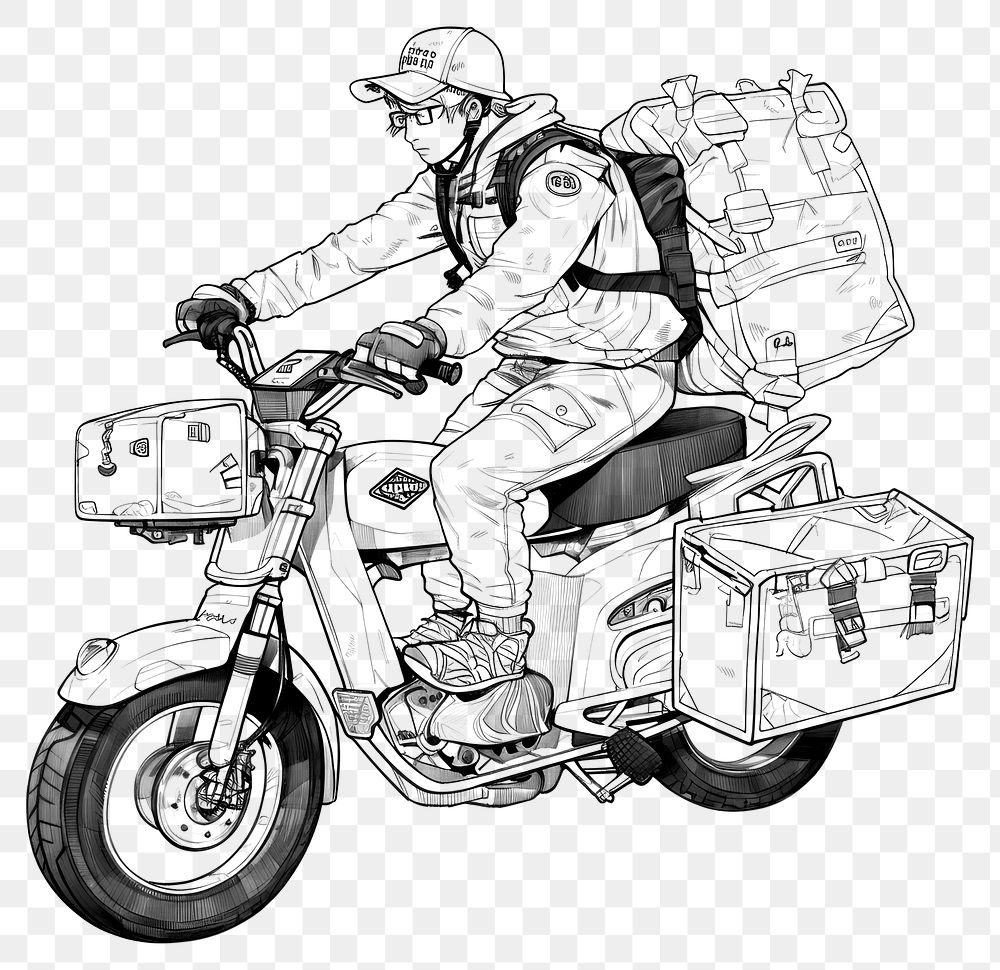 PNG Illustration of a deliverboy ride motorbike sketch motorcycle vehicle.