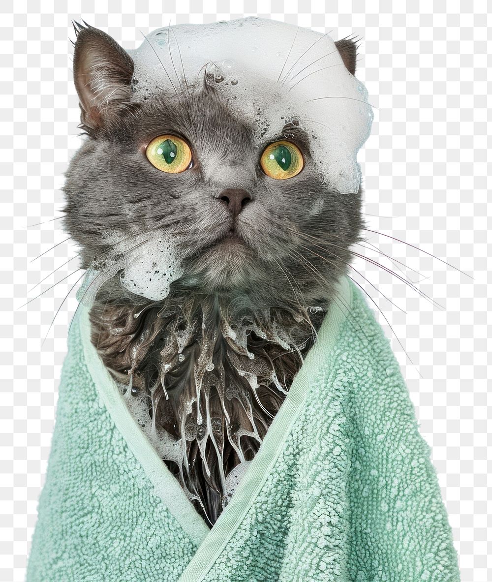 PNG Cat with light green towel animal mammal gray.