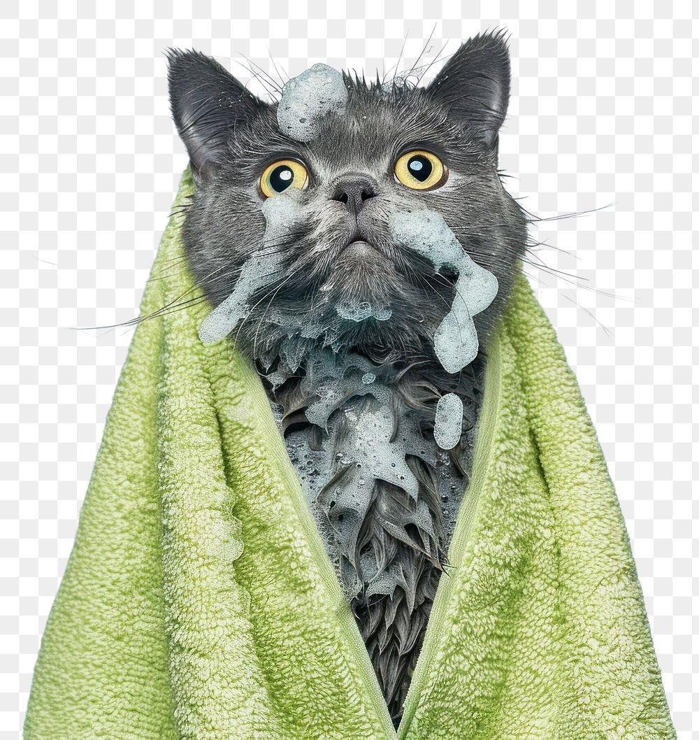 PNG Cat with light green towel animal mammal gray.