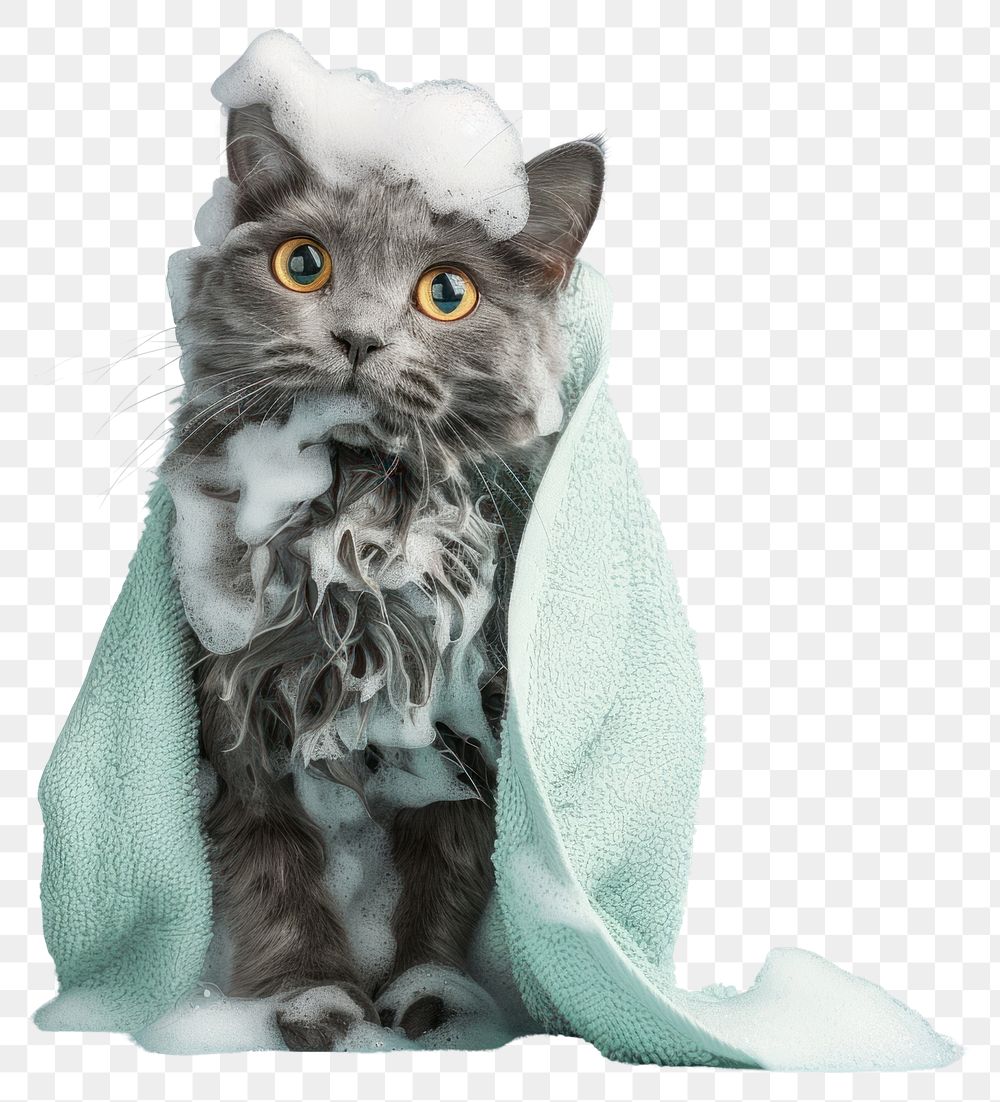 PNG Cat with light green towel mammal animal kitten.