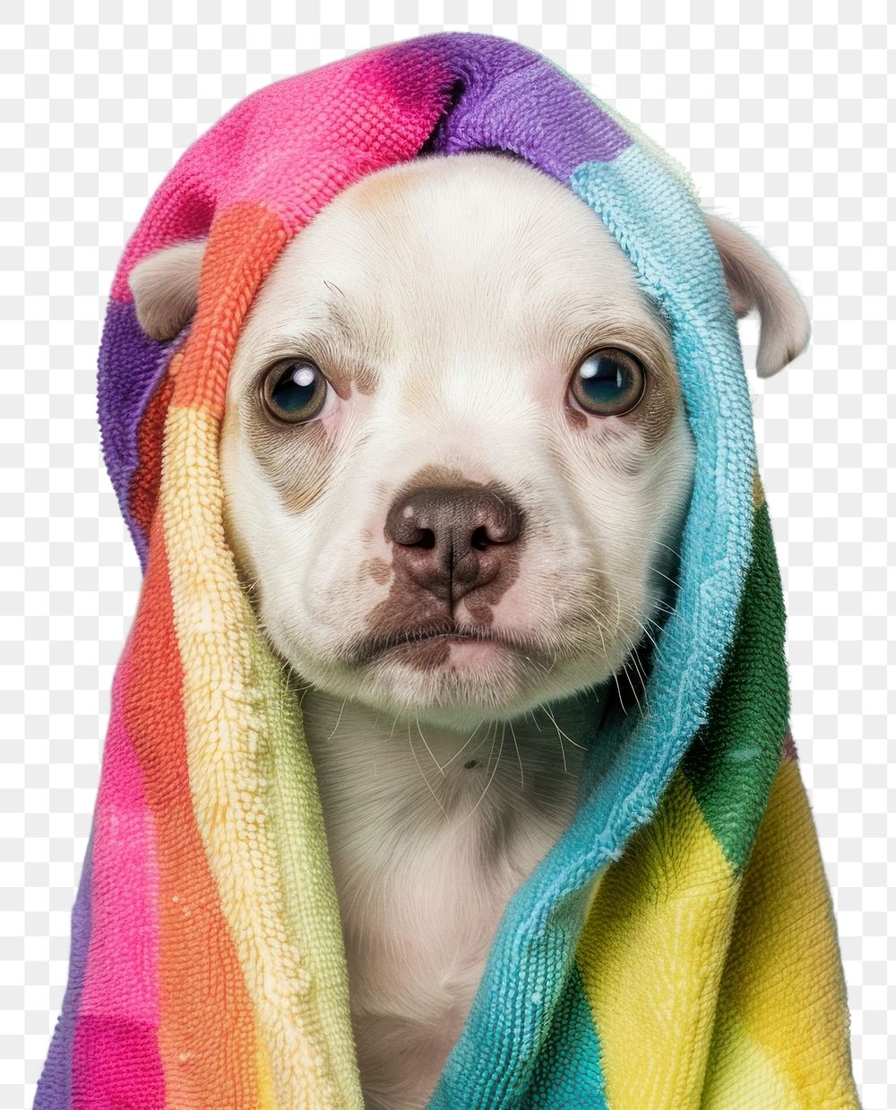 PNG Puppy with rainbow towel blanket mammal animal.