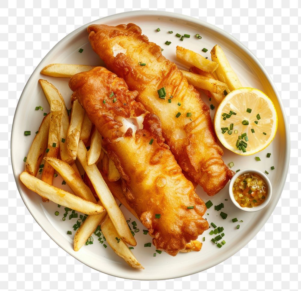 PNG Fish and chips plate food white background.