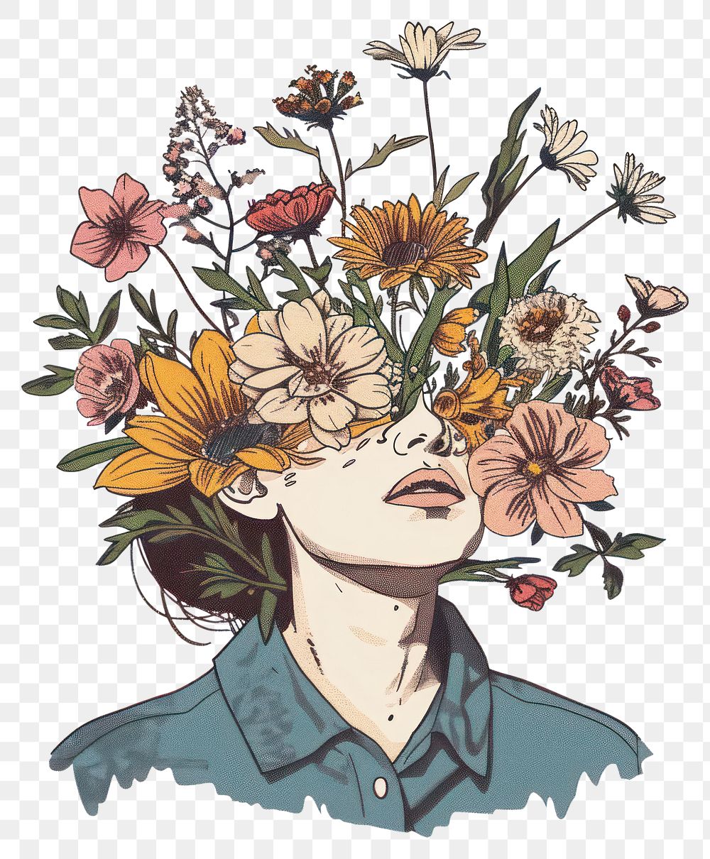PNG Drawing with flowers art painting pattern.