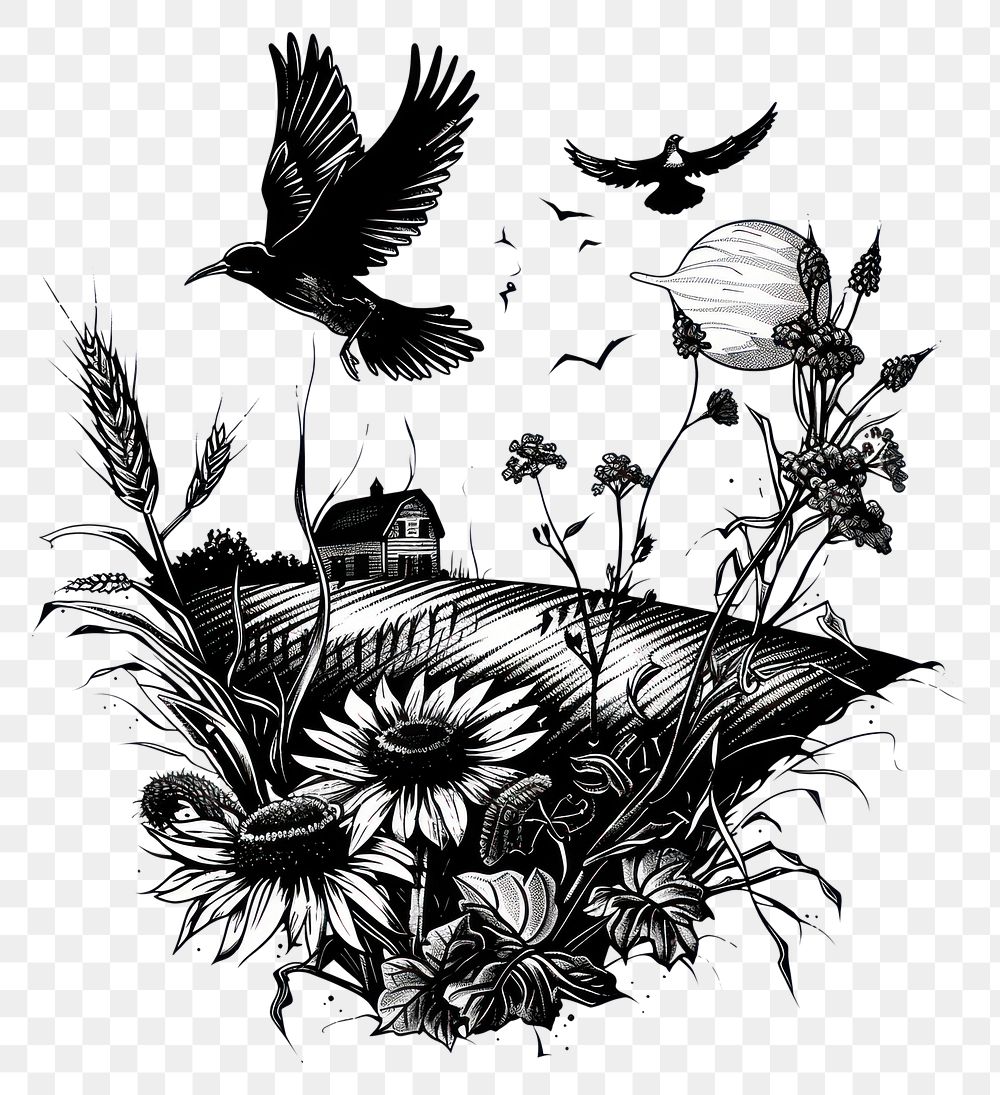 PNG  Farm field drawing illustrated blackbird.