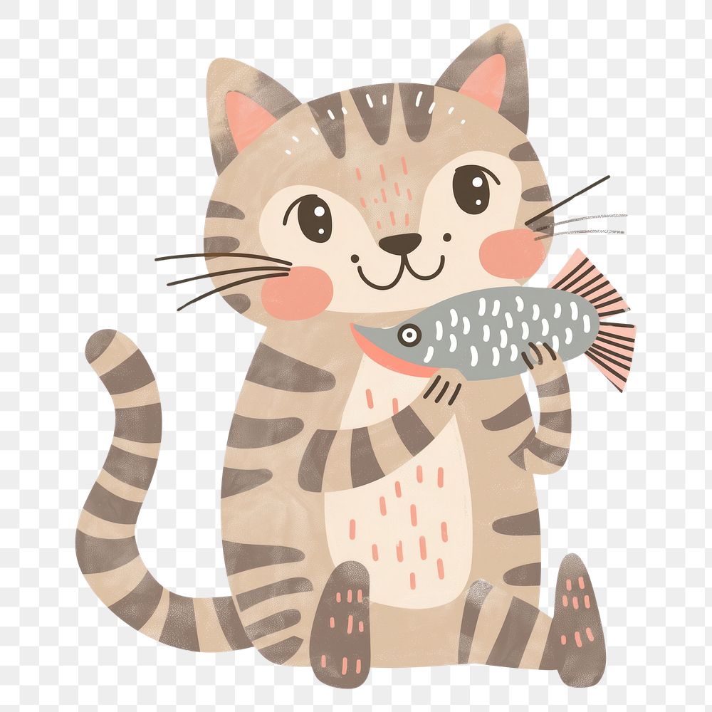 PNG  Tabby kitten holding fish cat animal mammal.