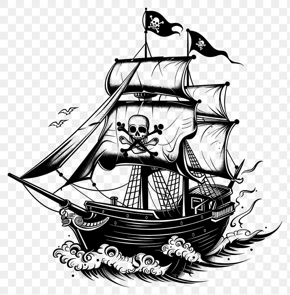 PNG  Pirate ship drawing transportation illustrated.