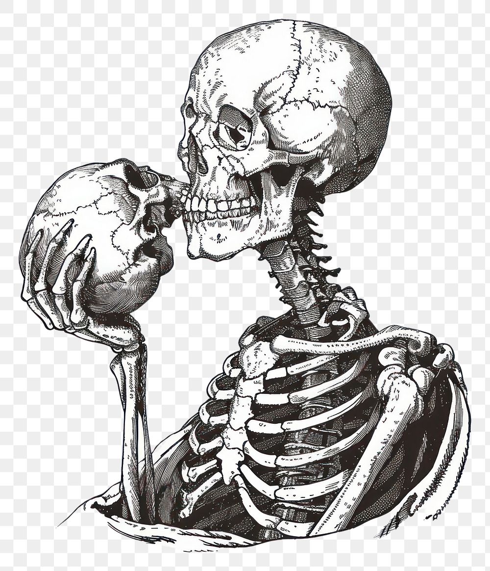 PNG Skeleton holding skull monochrome cartoon anatomy