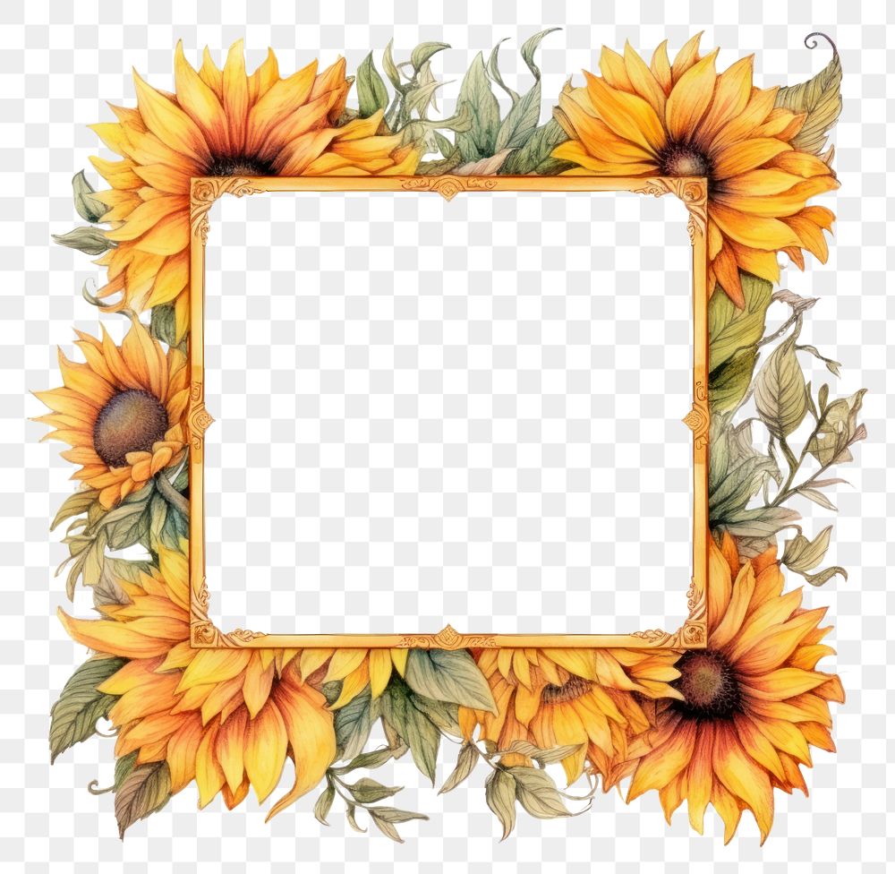 PNG Vintage sunflower rectangle frame plant paper white background.