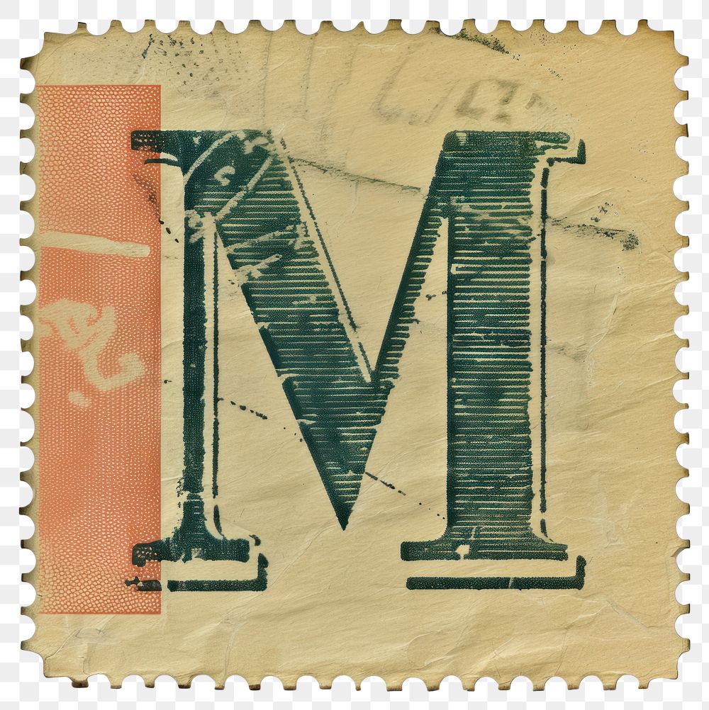 PNG  Stamp with alphabet M paper font text.