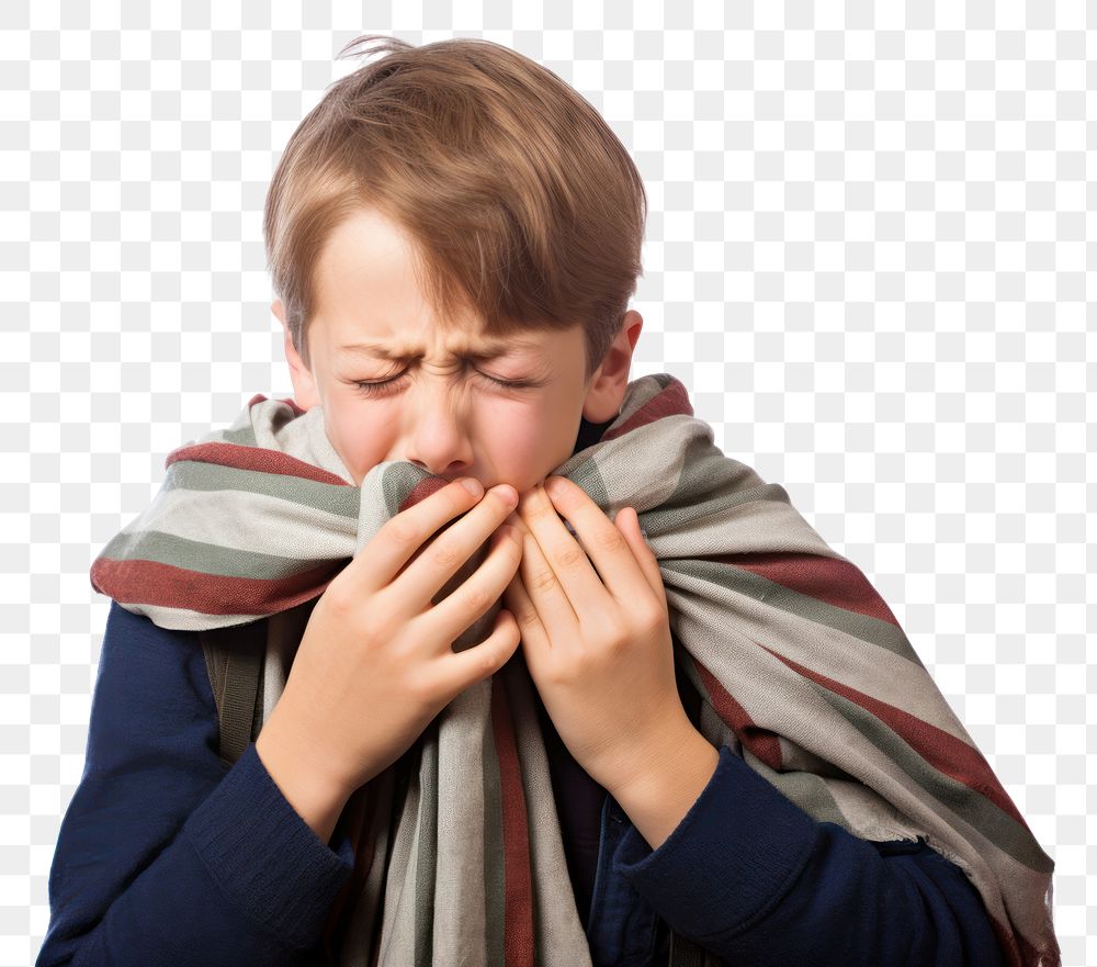PNG Boy coughing into handkerchief white background frustration portrait.