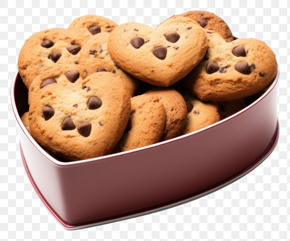PNG Chocolate chip cookies in a heart shaped box biscuit food white background.