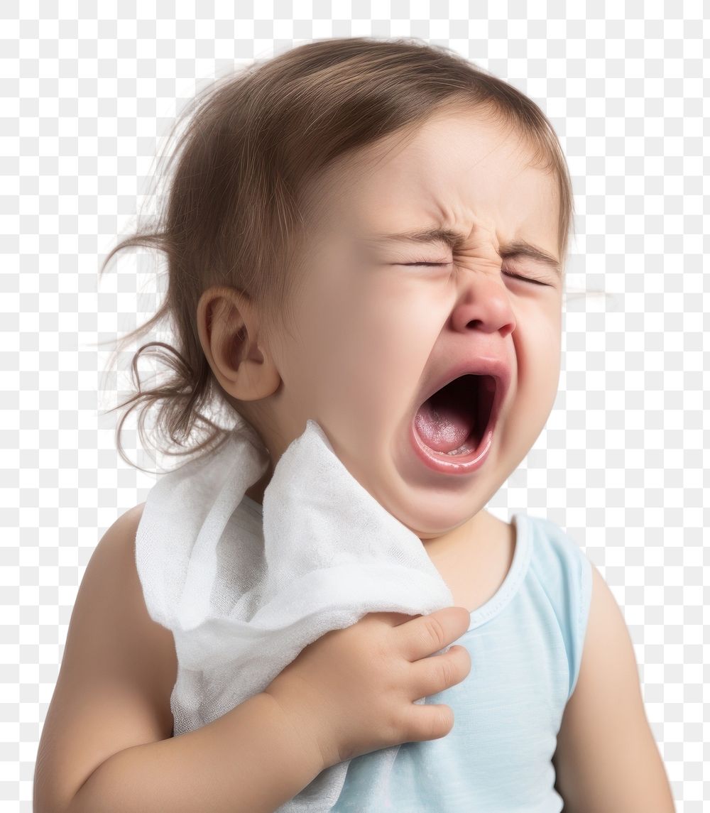 PNG Sick baby coughing yawning white background frustration.