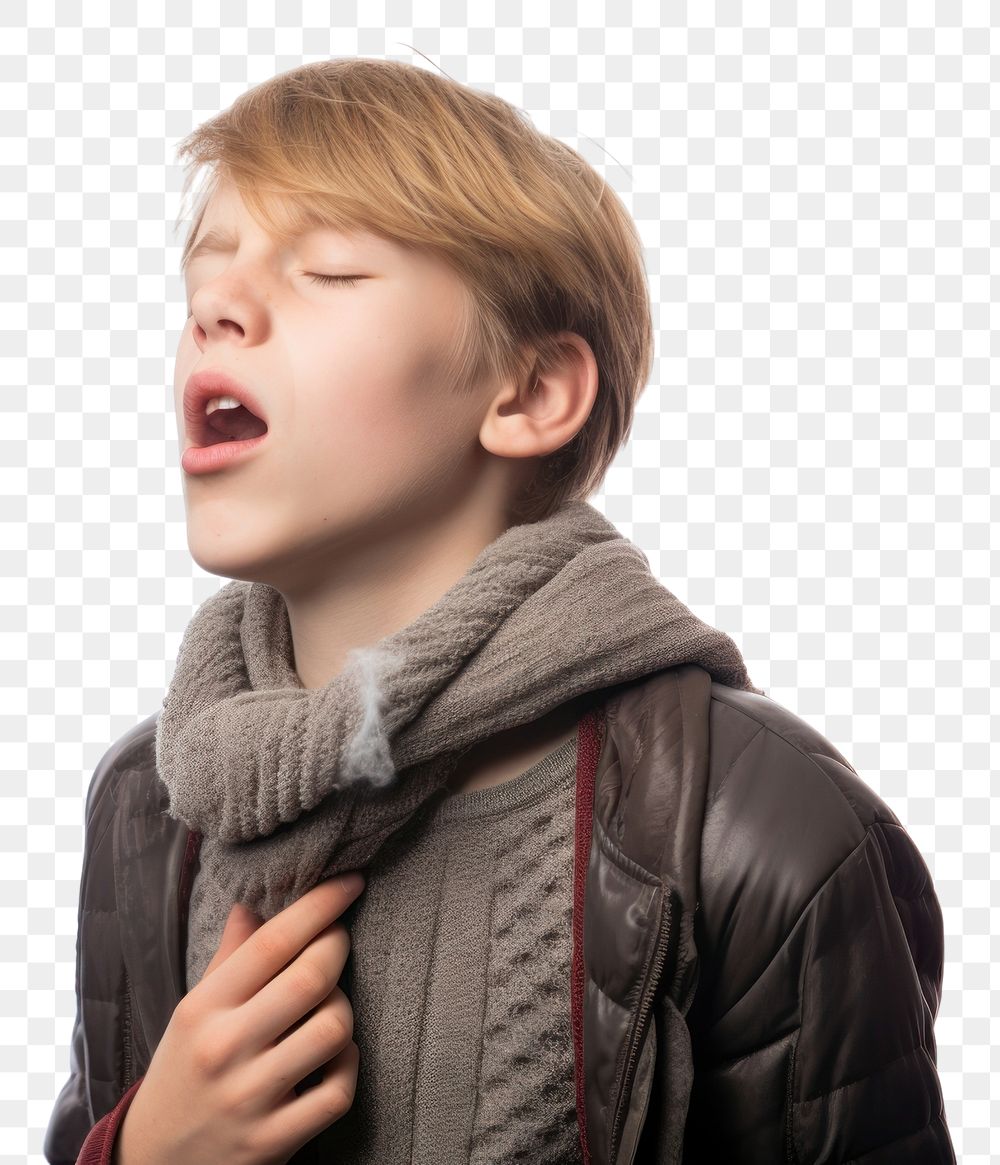 PNG Sick boy coughing hard yawning child white background.