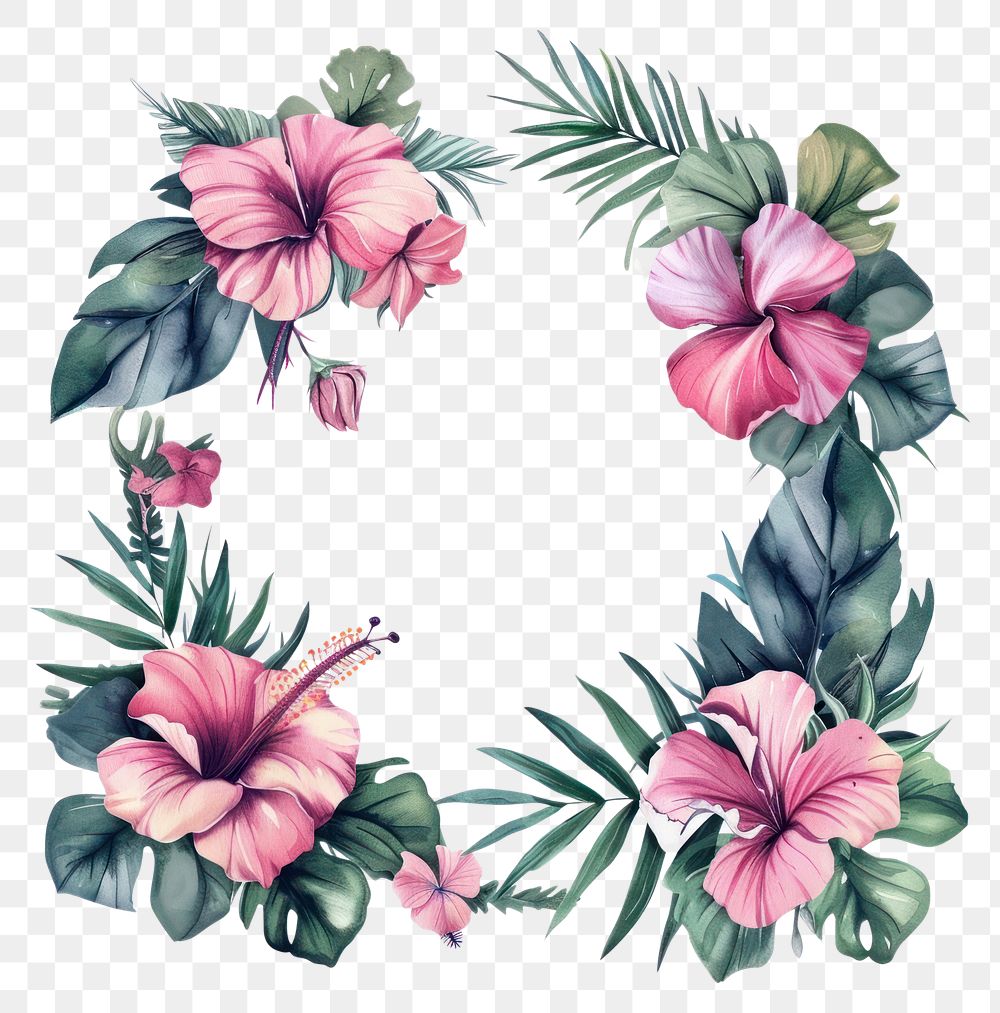 PNG Tropical flowers border watercolor hibiscus pattern wreath.