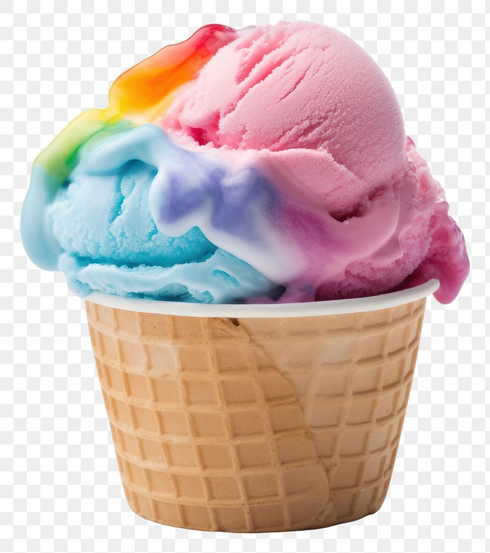 PNG A 1 scoop rainbow ice cream in white paper cup dessert food white background.