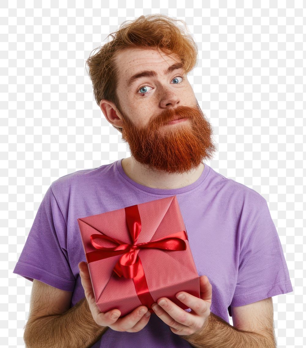 PNG Man hold present box redhead beard adult.