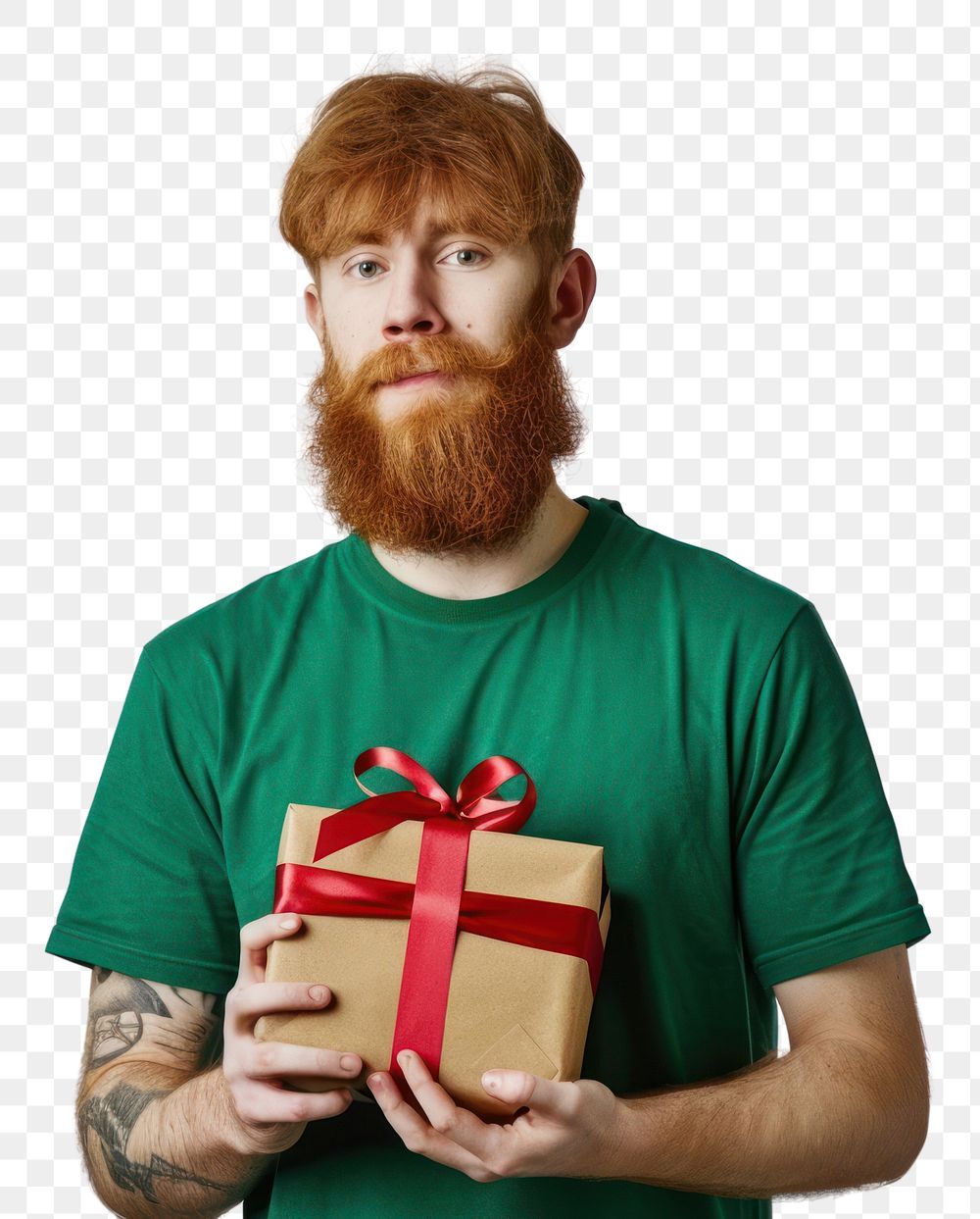 PNG Man hold present box redhead t-shirt beard.