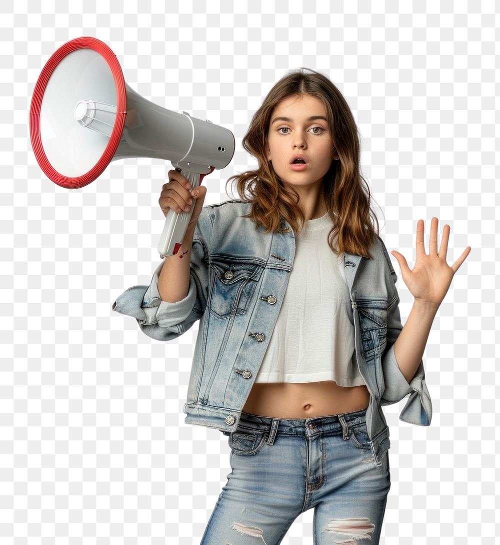 PNG Woman holding megaphone shouting hand white background