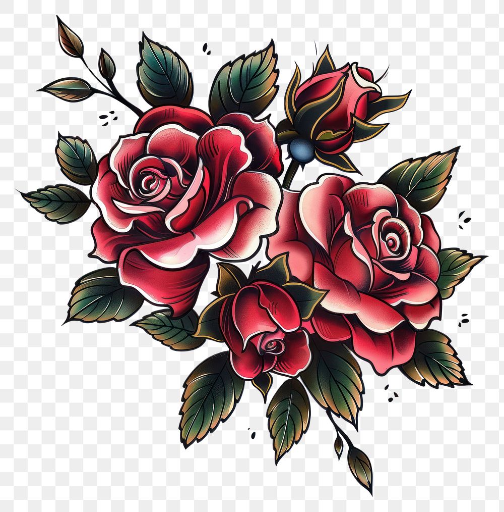 PNG Roses in the style of traditional tattoo graphics pattern blossom.