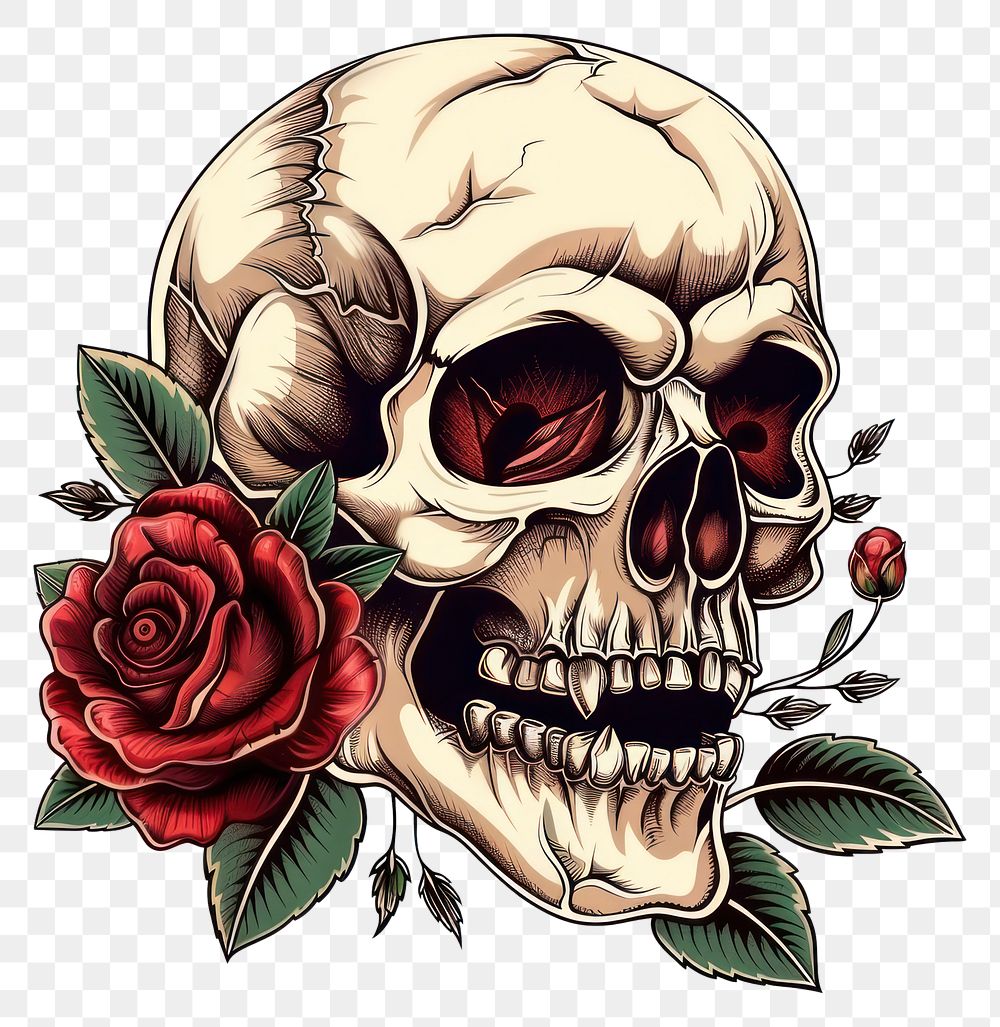 PNG Skull in the style of traditional tattoo illustrated graphics blossom.