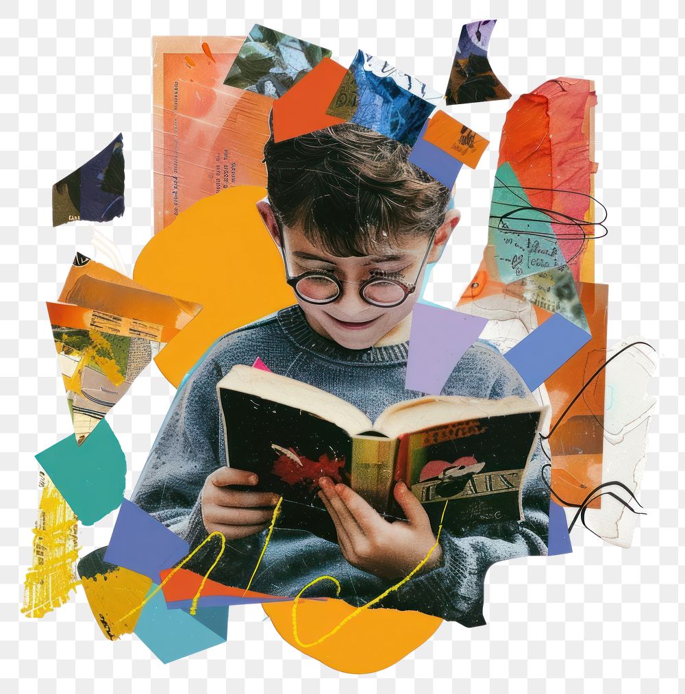 PNG Paper collage of kid reading person human child.