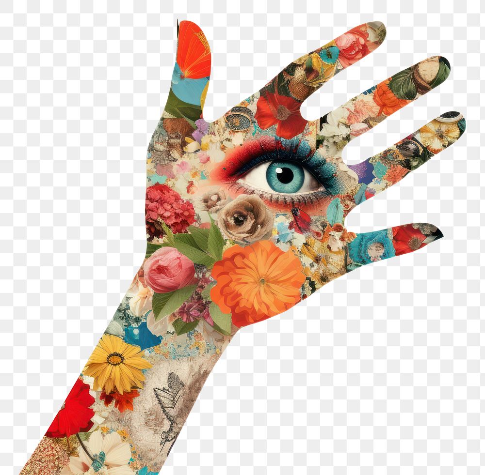 PNG Retro collage of hand with recycle sign graphics finger person.